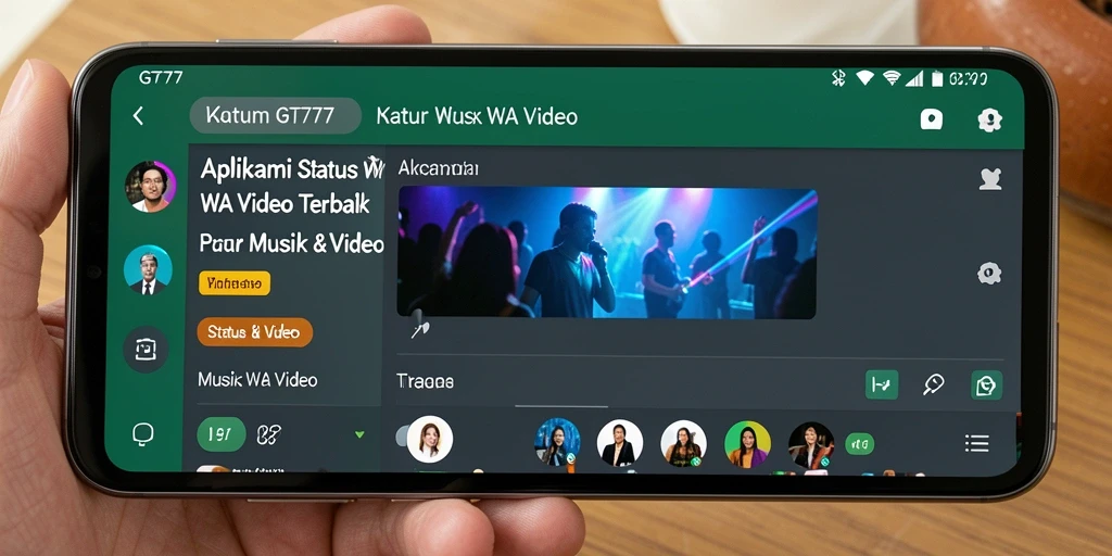 Antarmuka GT777 dengan pilihan video untuk status WA yang menarik.