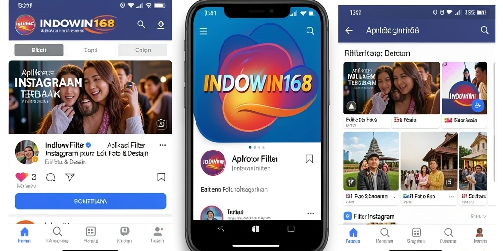 Antarmuka aplikasi INDOWIN168 dengan berbagai filter Instagram terbaru.
