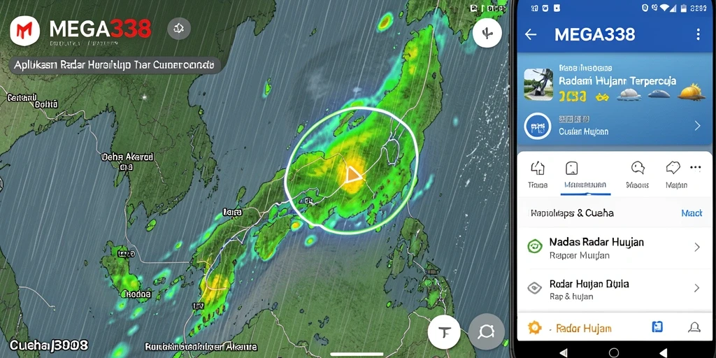 Antarmuka MEGA338 menampilkan radar hujan dengan informasi cuaca yang akurat.
